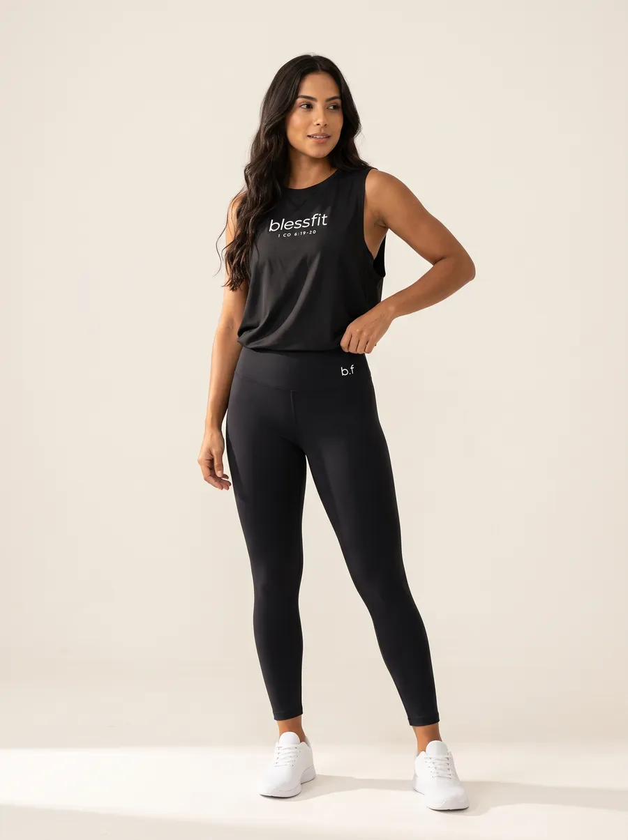 Modelo de frente com o Conjunto Brisa preto: regata estampada e legging