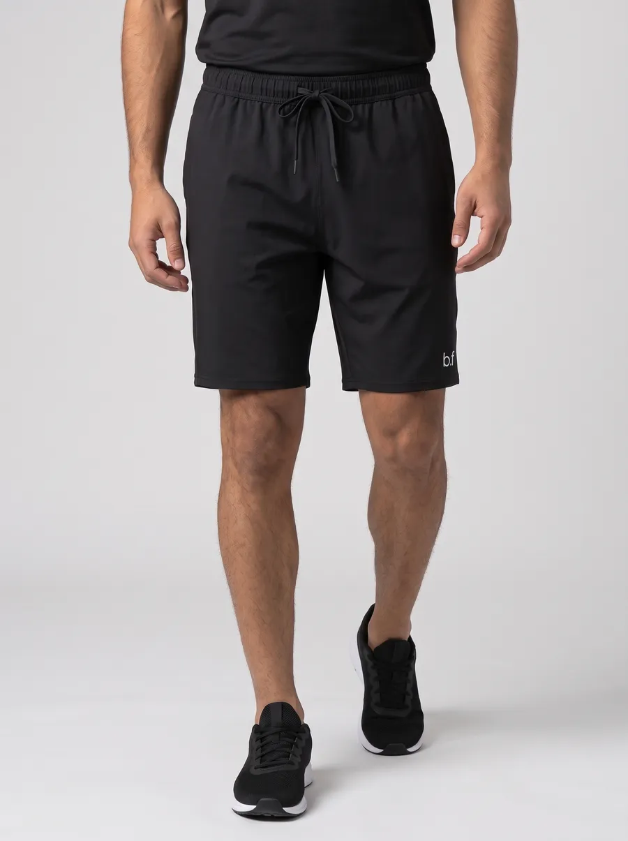 Shorts masculino preto com cordão e logo b.f, de frente